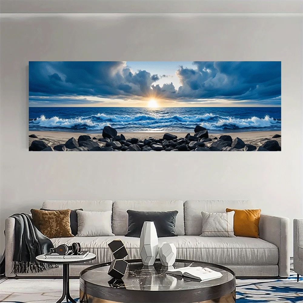 1PC-Canvas poster Unframed  Ocean Sunset Beach Waves Rocks Sky Clouds Landscape Nature Sea View Panoramic Art Print  summer