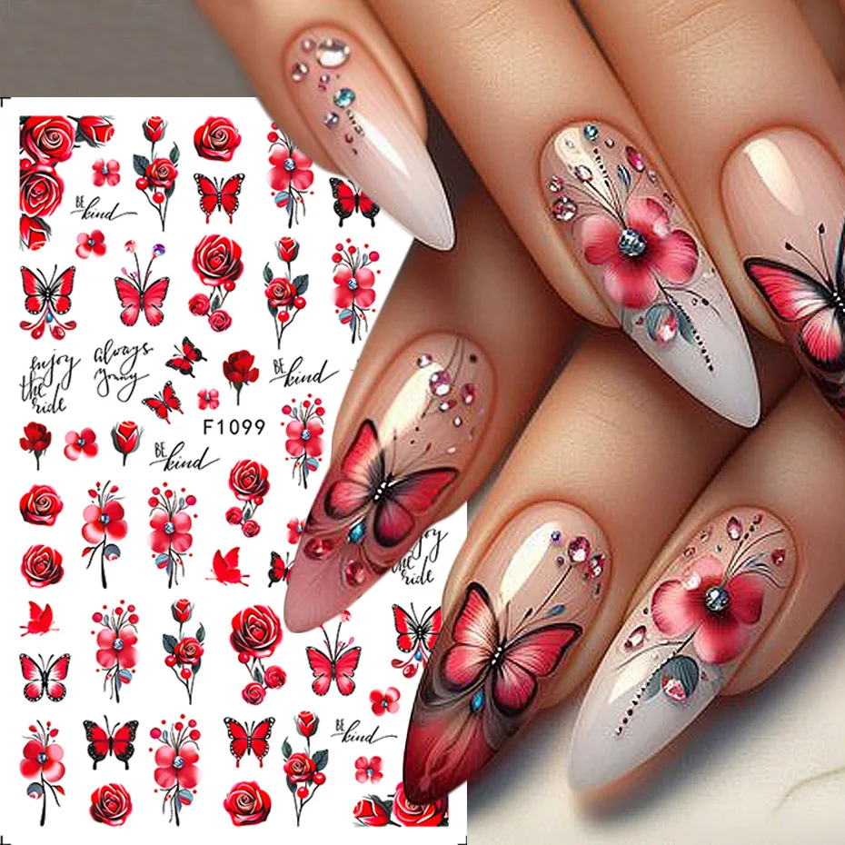 3D Nail Art Sticker Red Purple Yellow Flowers Leaf Rose Spring Plant Pattern Design Decals Self Adhesive Decoration DIY Manicure