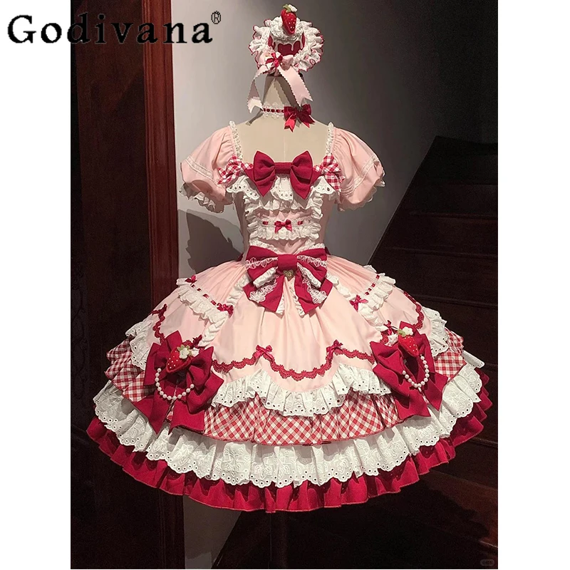 

Cute Sweet Girl Vintage Japanese Original Lolita Short Sleeve OP Dress Gorgeous Princess Style Bow Doll-like Puffy Dress