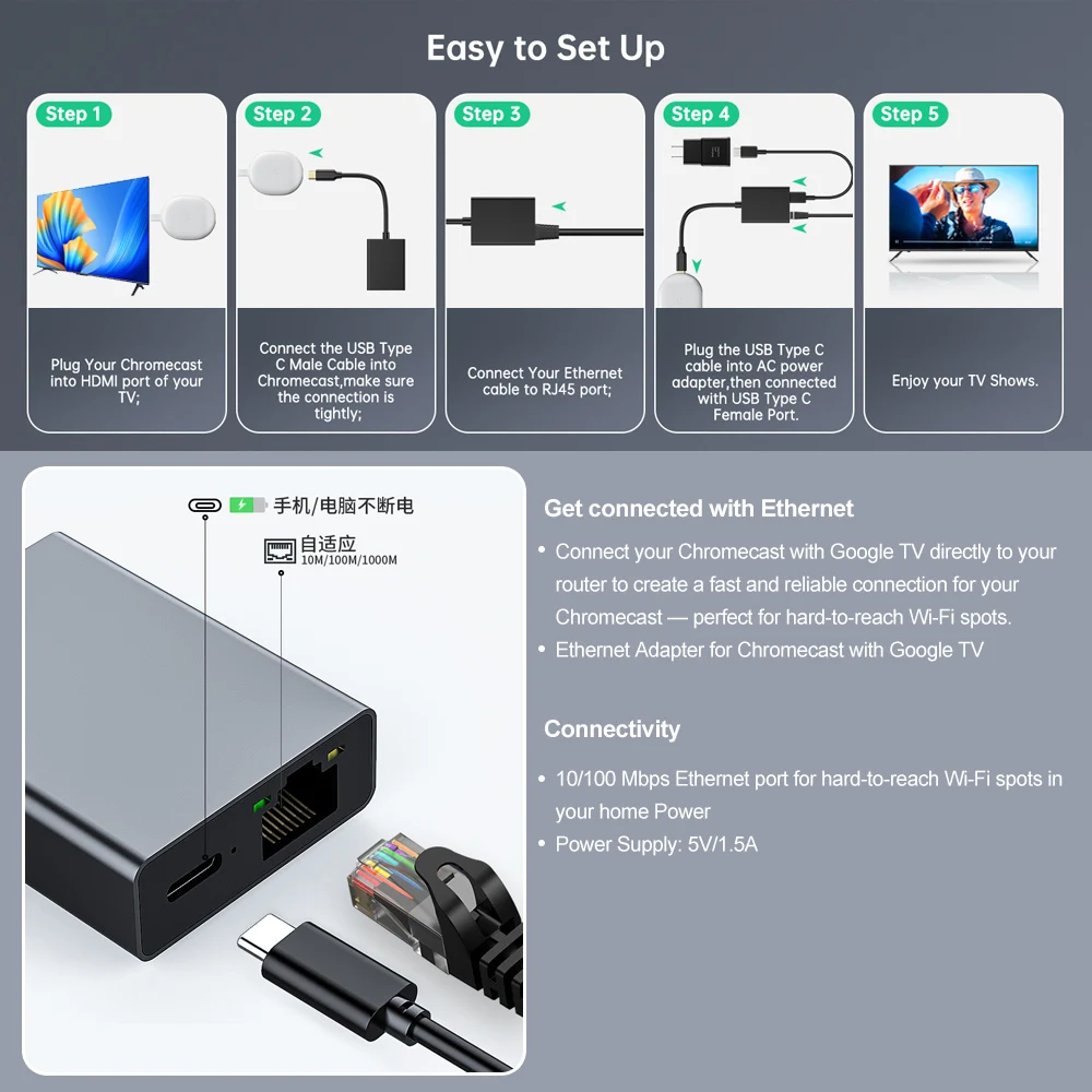 محول شبكة إيثرنت لجهاز Fire TV Stick Micro USB Type-C إلى RJ45 متوافق مع 4K Chromecast Google Home