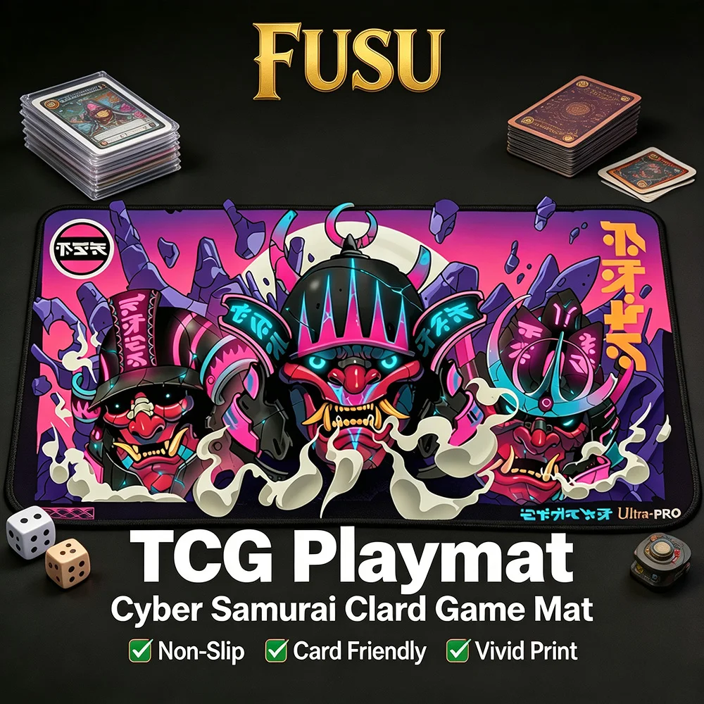 Cyberpunk Samurai Oni Mask Playmat Neon Pink Purple Japanese Demon Mask Smoke Rock Ruins Anti‑Slip Rubber Table Mat TCG Trading