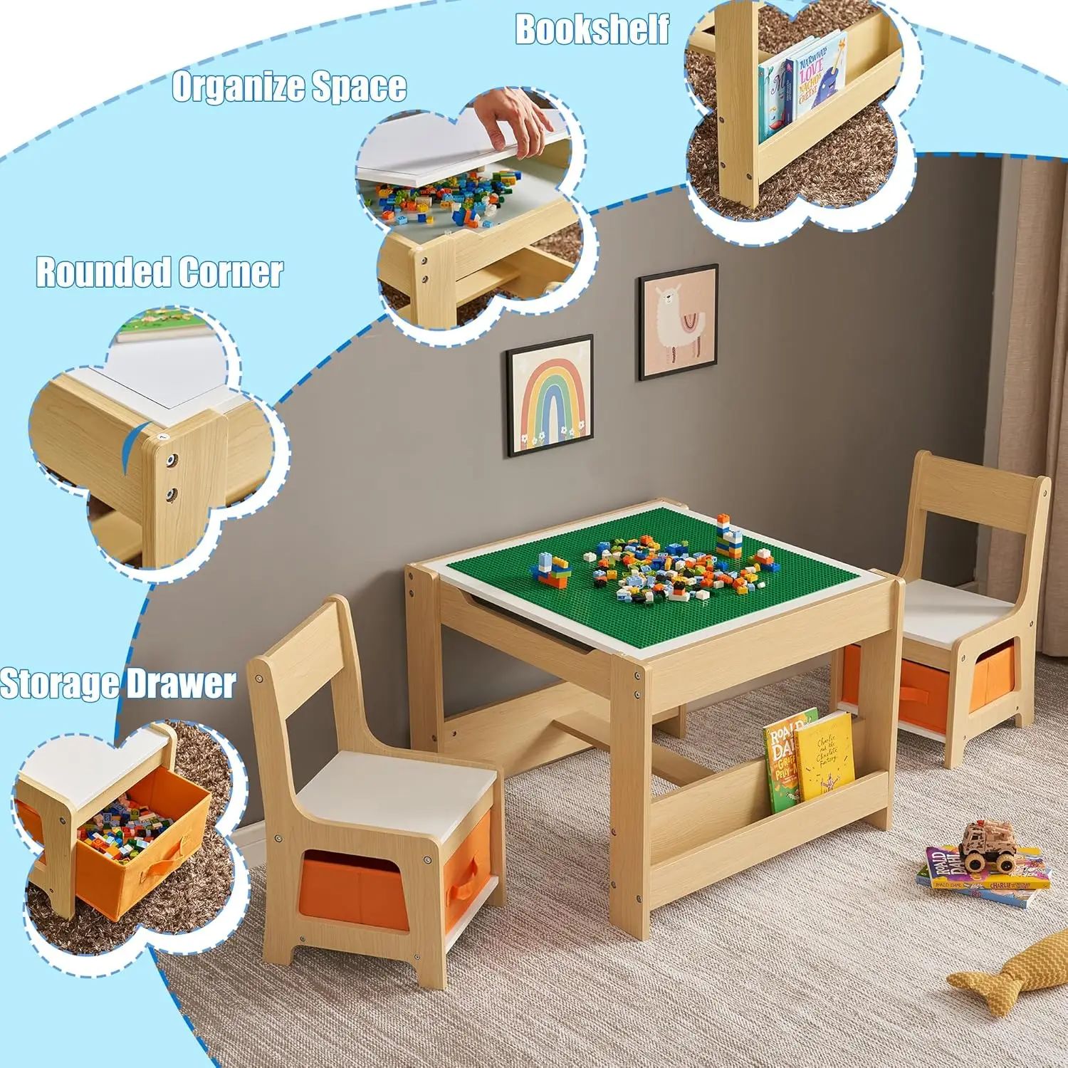 Chair Set, 4 in 1 Wooden Activity Table with Bookshelves and Storage Drawer, 2 in 1 Detachable Tabletop Construct