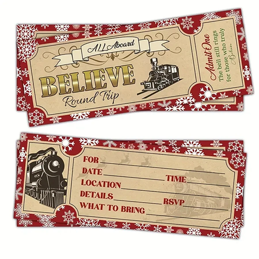 

24Pcs Christmas Polar 'Believe' Ticket Invitations Vintage Train Design Fill-In Blank Cards for Holiday Parties