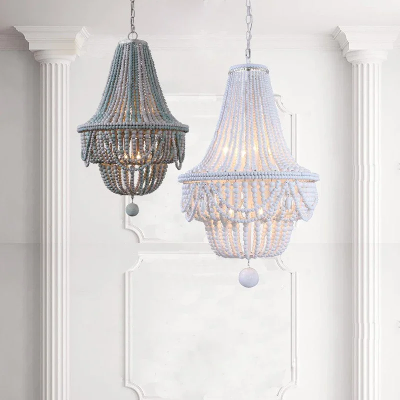 American Country Living Room Chandelier Bedroom Children's Princess Room Duplex Restaurant Double Layer Wood Beads Chandeliers 0