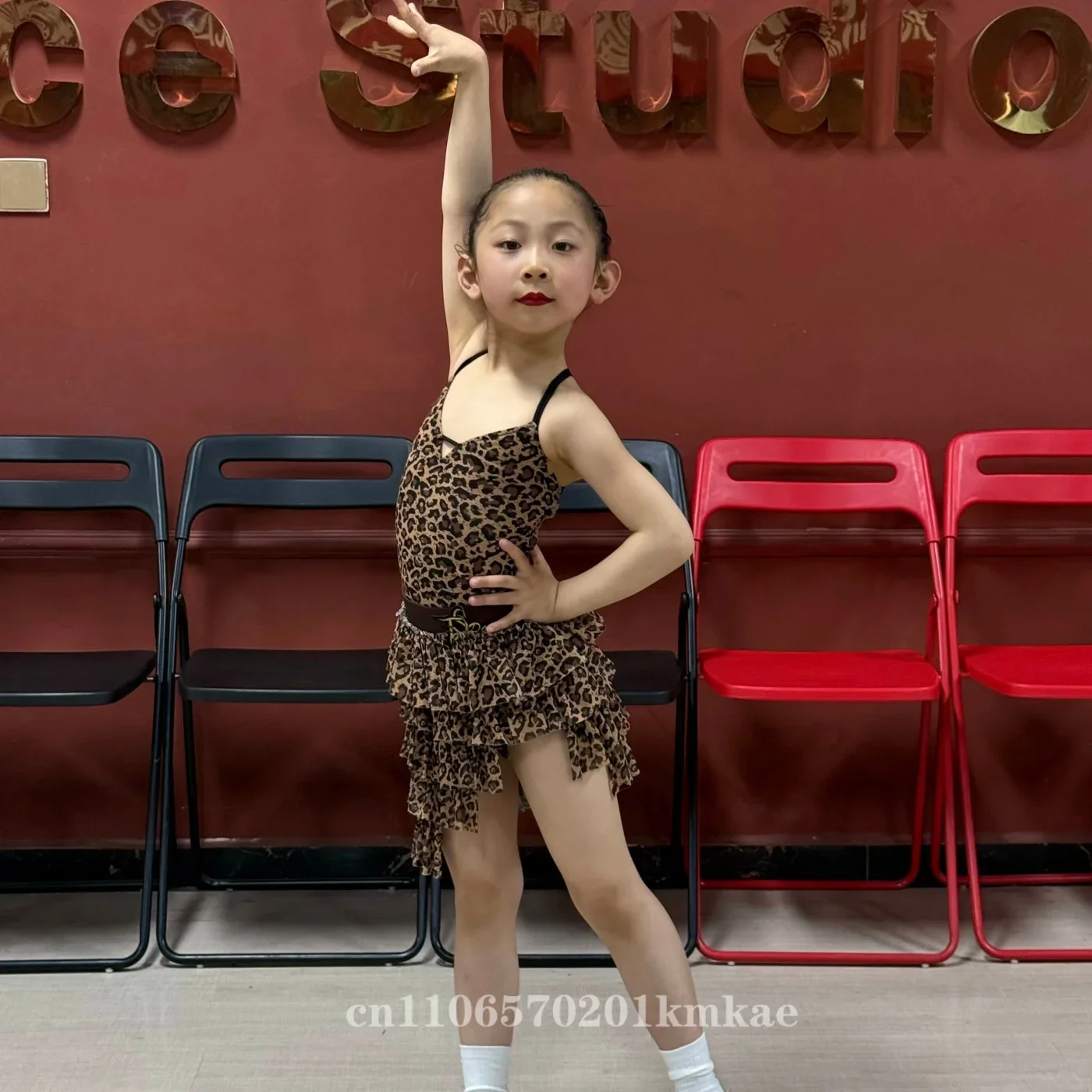New Latin Dance Dress Set for Girls Leopard Pattern Sling Tiered Top AB Ruffles Skirt Cha Cha Samba Stage Compettition Outfit