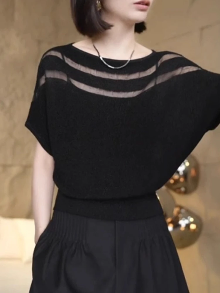 

One-word Neck Bat Sleeve Ice Silk Knitted T-shirt Women's Summer Temperament Loose Foreign Style Versatile Belly Cover Top
