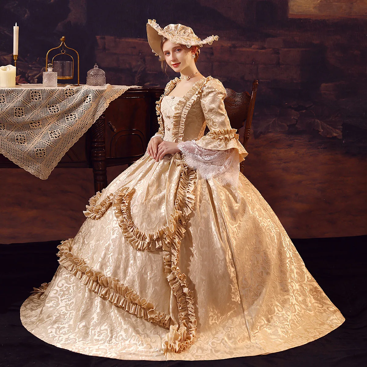 Customizable Deluxe European Medieval Victorian Dress Women Queen Cosplay Costume Vintage Champag Customizable Deluxe European Medieval Victorian Dress Women Queen Cosplay Costume Vintage Champag