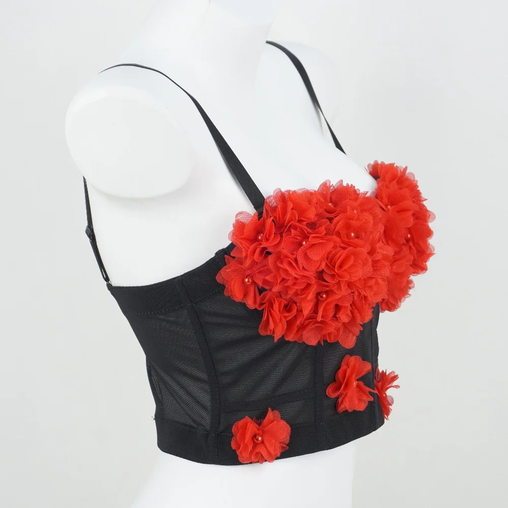 

Nightclub Sexy Mesh See-through Fishbone Corset Beaded Three-Dimensional Flower Embellishment Advanced Outerwear Camisole