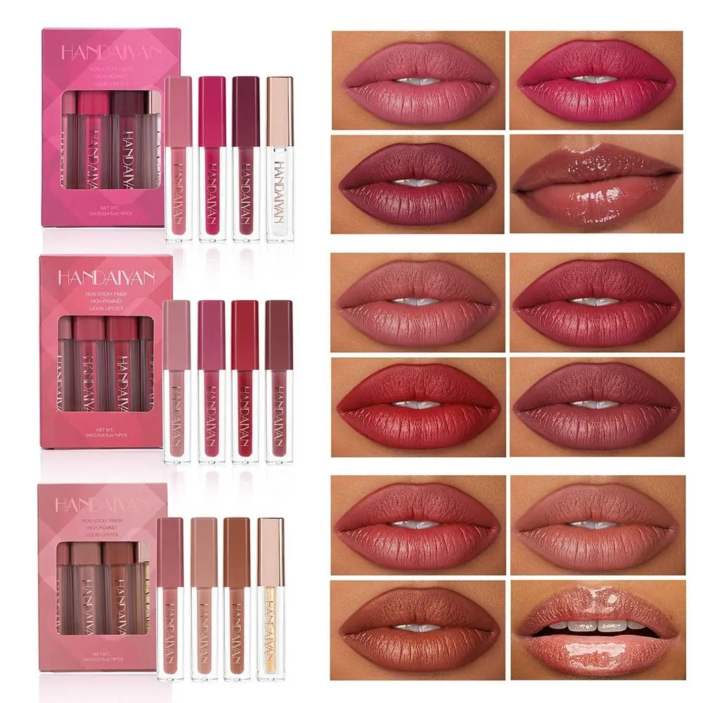 

4Pcs/Box Silky Nude Lip Gloss Set Easy To Color Waterproof Liquid Lipstick Non-stick Cup Pearlescent Mist Lip Glaze Makeup