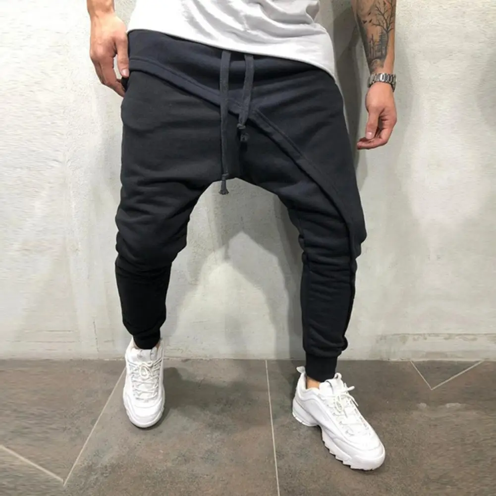 Pantalon de jogging à entrejambe bas pour homme, sarouel, taille moyenne, double couche