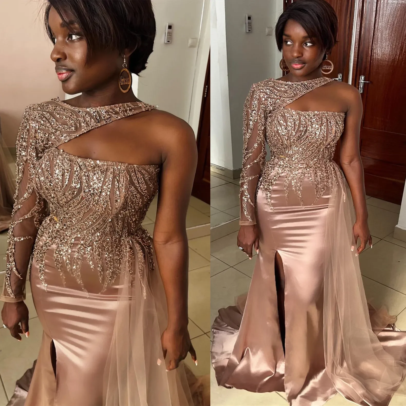 

Elegant Champagne Mermaid Evening Dresses Satin Promdress Sequined One Shoulder Prom Formal Party Bridesmaid Birthday Gowns Dres
