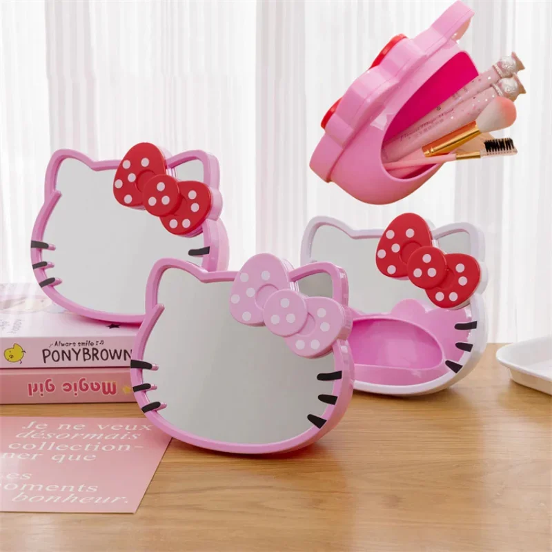 

Sanrio Hello Kitty Mirror Desk Storage Box Make Up Cosmetics Sundries Divider Holder Cute Dressing Mirror Makeup Mirror Cartoon