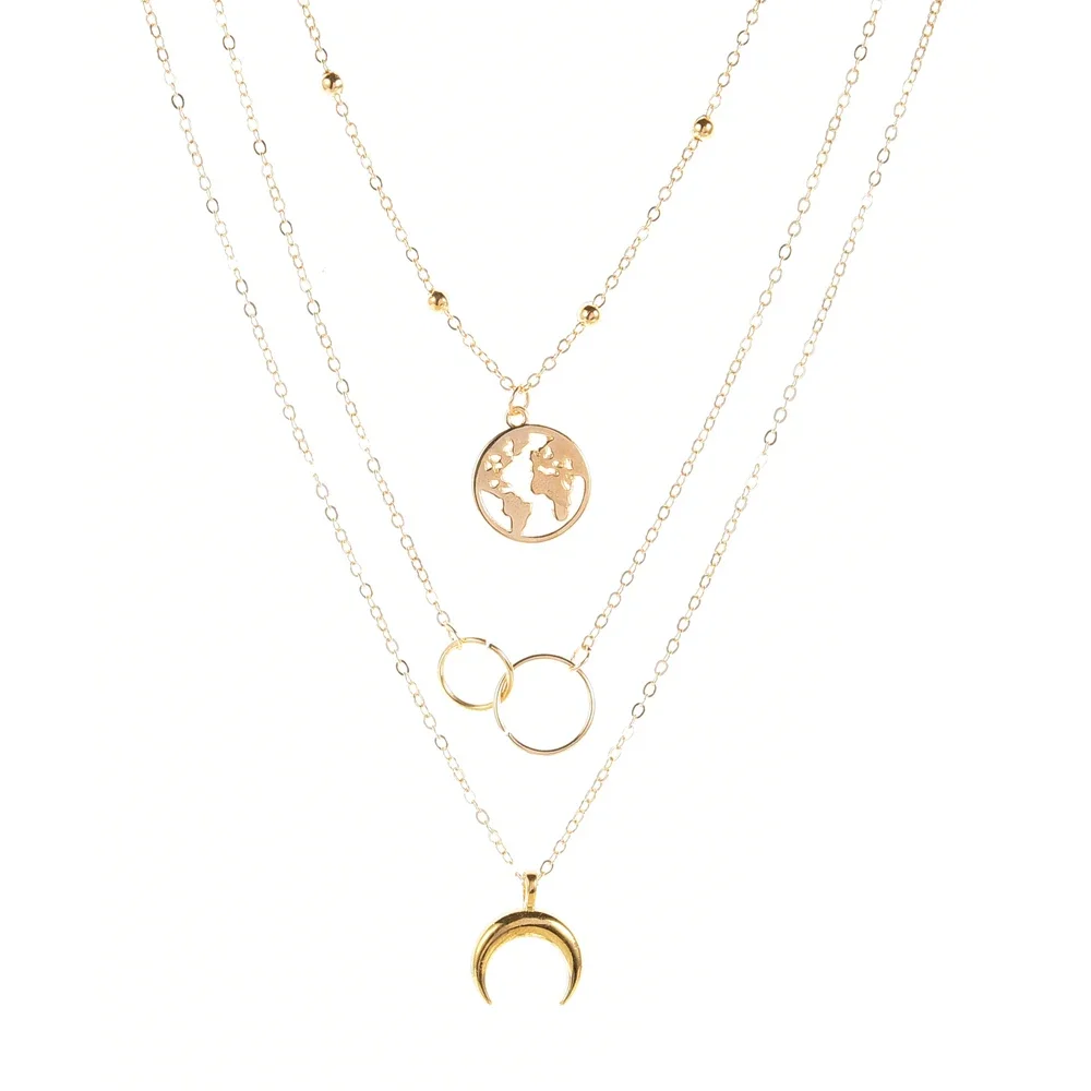 2024 New Fashion Retro Moon World Map Circle Pendant Multilayer Necklace Party Charm Jewelry Accessories For Women Gifts A0287