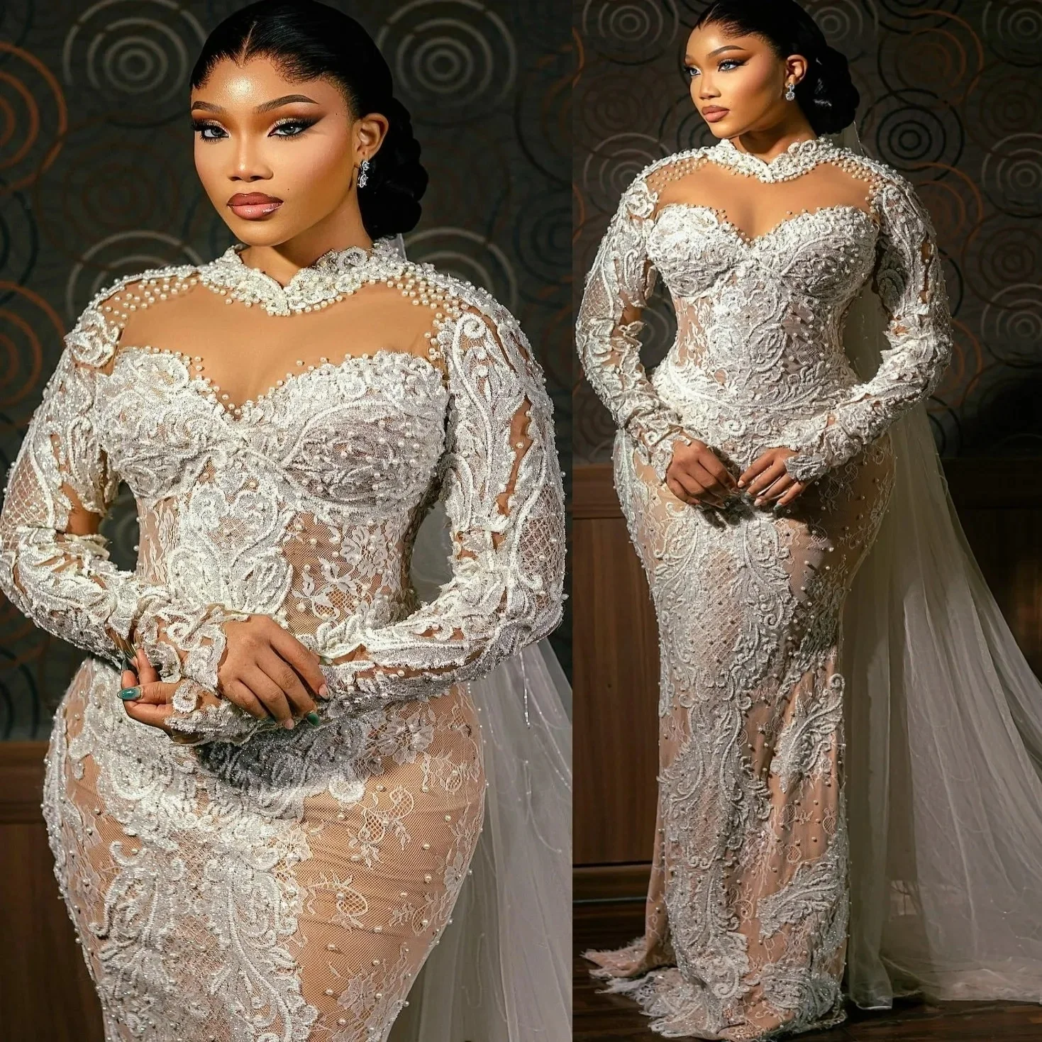 Customized Shinny Appliques Beads Sequins Wedding Dress with Removable Skirt  Robe De Mariée Plus Size Full Sleeves  Bridal Gown