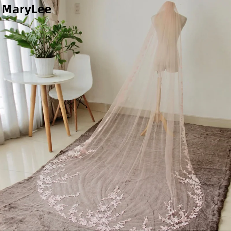 One Layer Light Pink Wedding Veil with Comb Customized Lace Applique Soft Tulle Bridal Veil Bride Colorful Voile Mariage 3m*1.5m