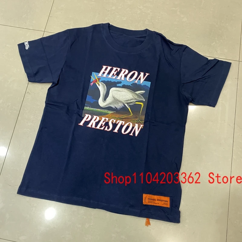 Men Women Street Trend Brand HERON PRESTON T-shirt Summer Harajuku Loose Crane Bird Print Embroidery Letter Short-sleeved Tops