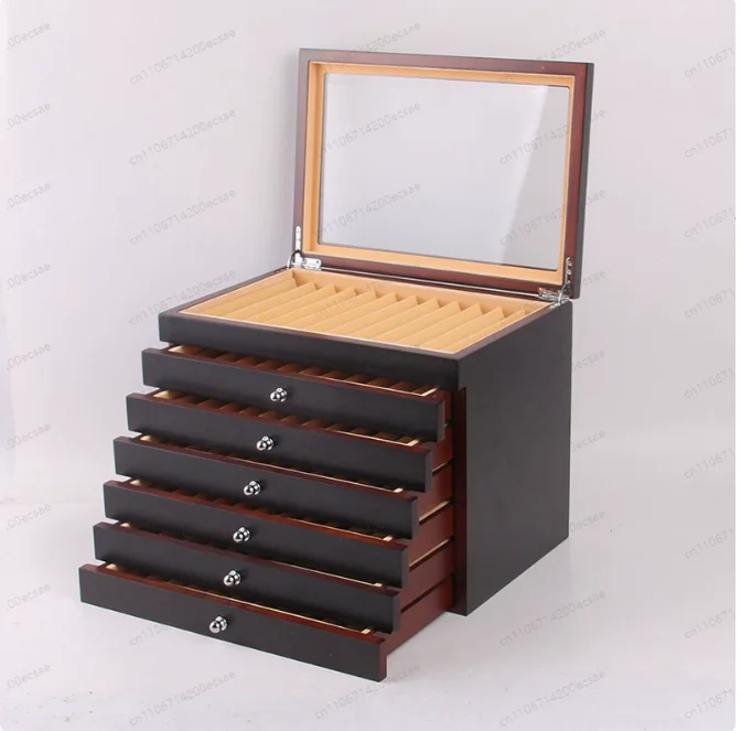 Black Burgundy Wooden Pen Display Case with 78 Slots & Transparent Window for Fountain Pen Collector