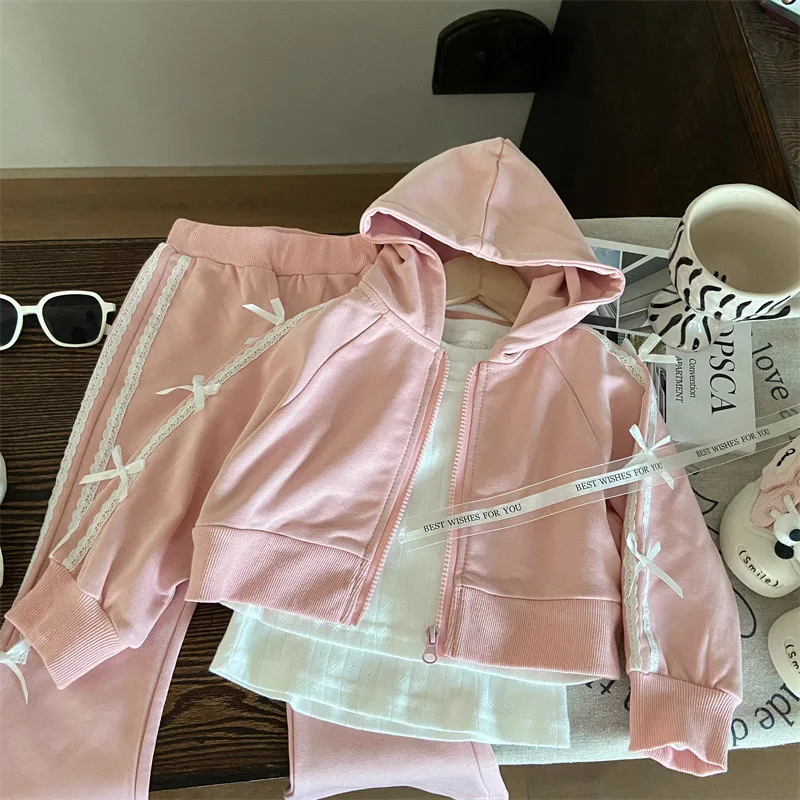 

Children's Clothing New Autumn Girls' Bow Hooded Sweatshirt Jacket Knitted Flared Pants Two-Piece Set Trendy