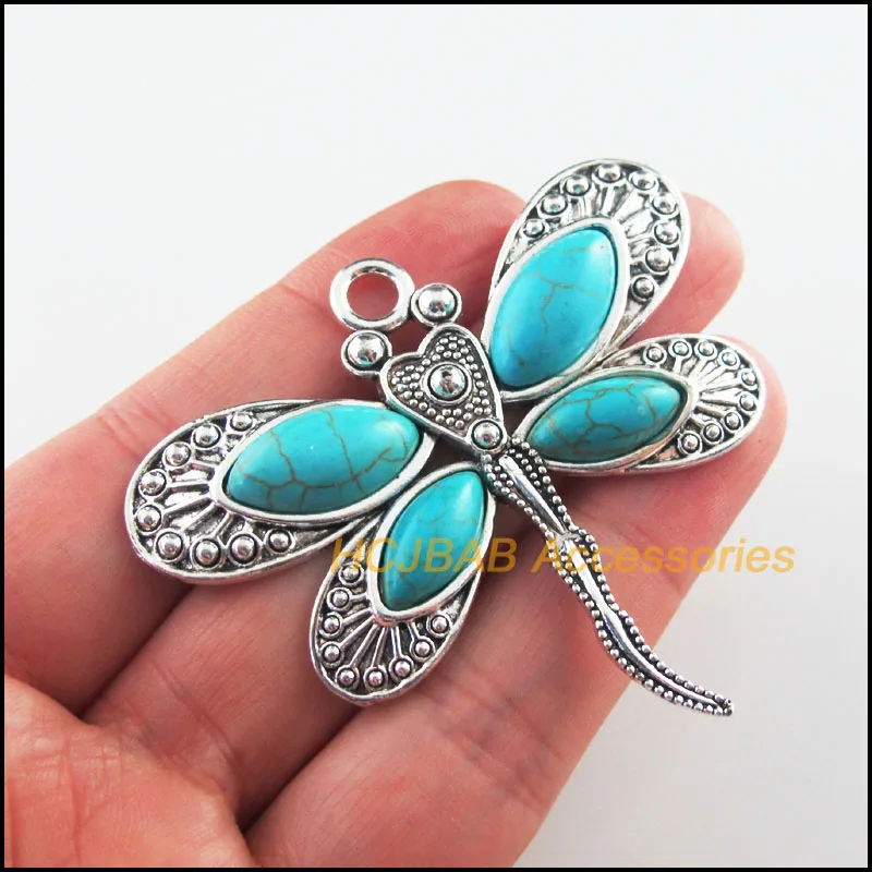 2Pcs Tibetan Silver Plated Animal Dragonfly Blue Stone Charms Pendants 61x53mm