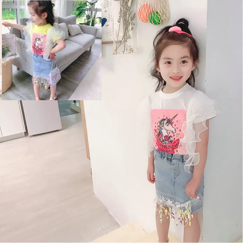 

Girls' Outfit: Flutter Sleeve Unicorn Top with Tassels and Denim Skirt, New Summer Children's Clothing for Wholesale3-8Years Old