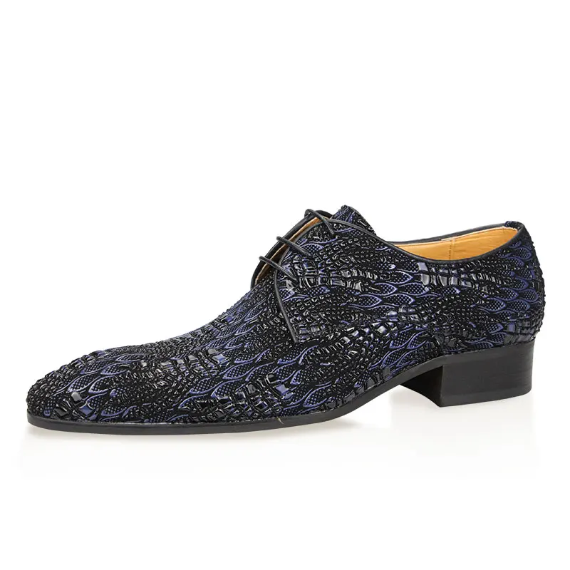 Pattern Floral lace up shoes Luxury Mens Party Blueblack Dress Pointed Fashion lace-up flat men\'s casual Handmade wingtip Derby