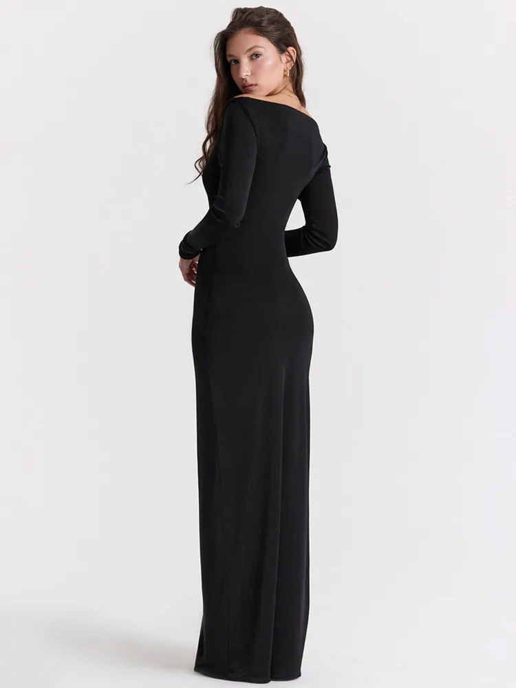 Mozision Hollow Out Slash Neck Split Maxi Dress Women New Black Off-shoulder Full Sleeve Bodycon Night Club Party Long Dress