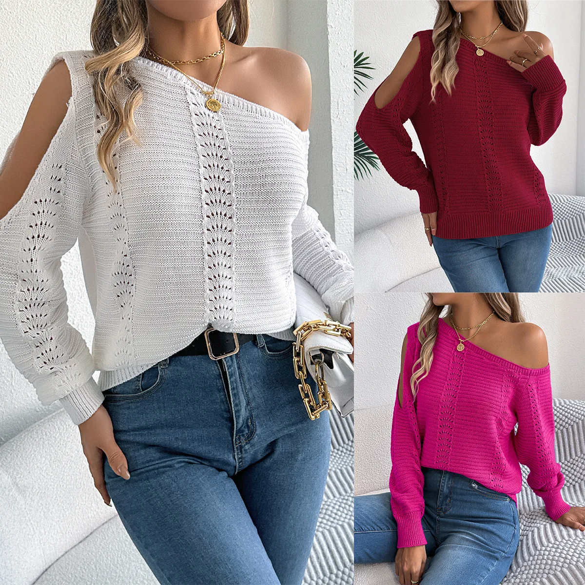 Women Off Shoulder Hollow Out Sweater 2026 Cold Sleeve Crochet Pullover White Loose Knit Jumper Autumn Winter Cropped Top 5