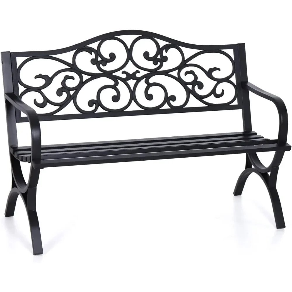 

50 Inches Outdoor Bench, Cast Iron Metal Frame Patio Park Bench w/Floral Pattern Backrest, Arch Legs for Porch Lawn Garden Yard
