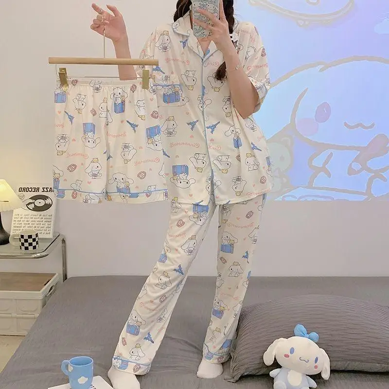 

Сексуальная футболка Sanrio для девочек, пижама, костюм-тройка Kawaii Cinnamoroll, аниме, модные летние студенческие шорты для отдыха, одежда для отдыха