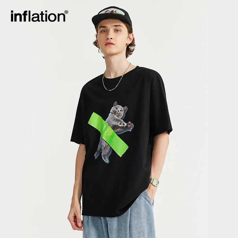 INFLATION Pet Cat Graphic Printed Cotton Tees Men Summer Loose Fit Short Sleeve T-shirts