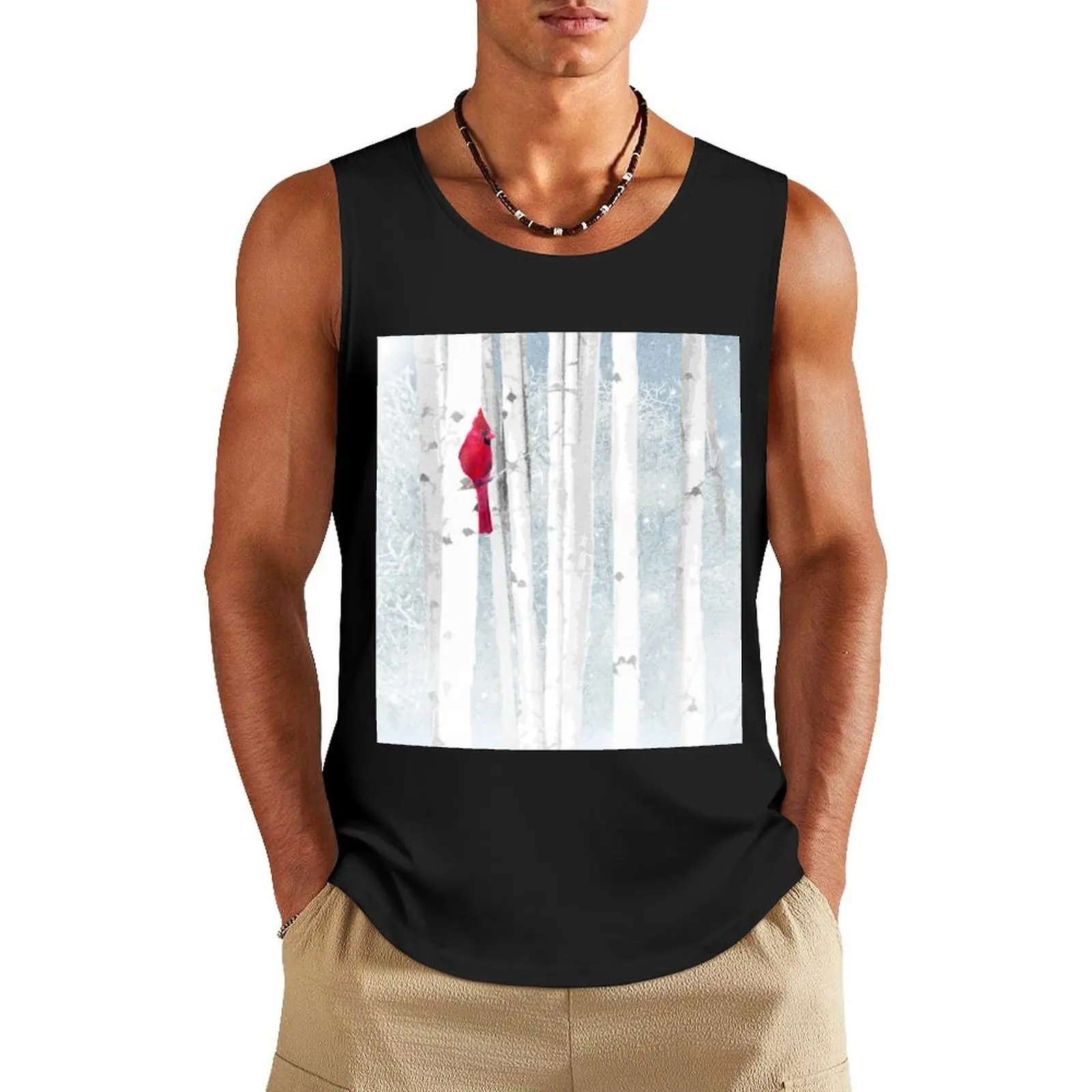 

Watercolor Red Cardinal Bird Winter Birch Forest Tank Top sleeveless Men's t-shirts fitness Men's gym t-shirts vest for men