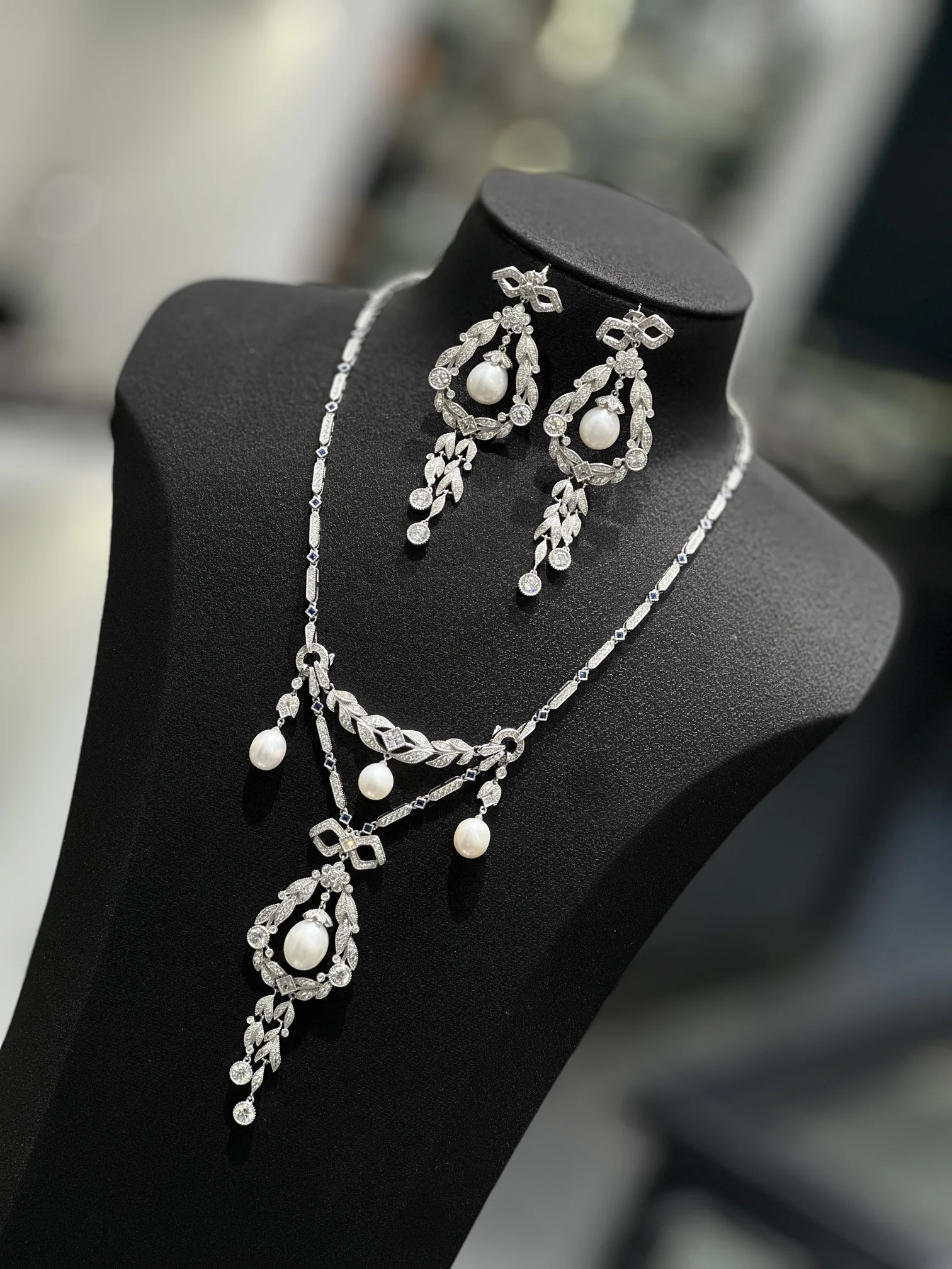 

vintage palace natural fresh water pearl necklace and earring jewelry set 925 sterling silver with cubic zircon fine women jewel