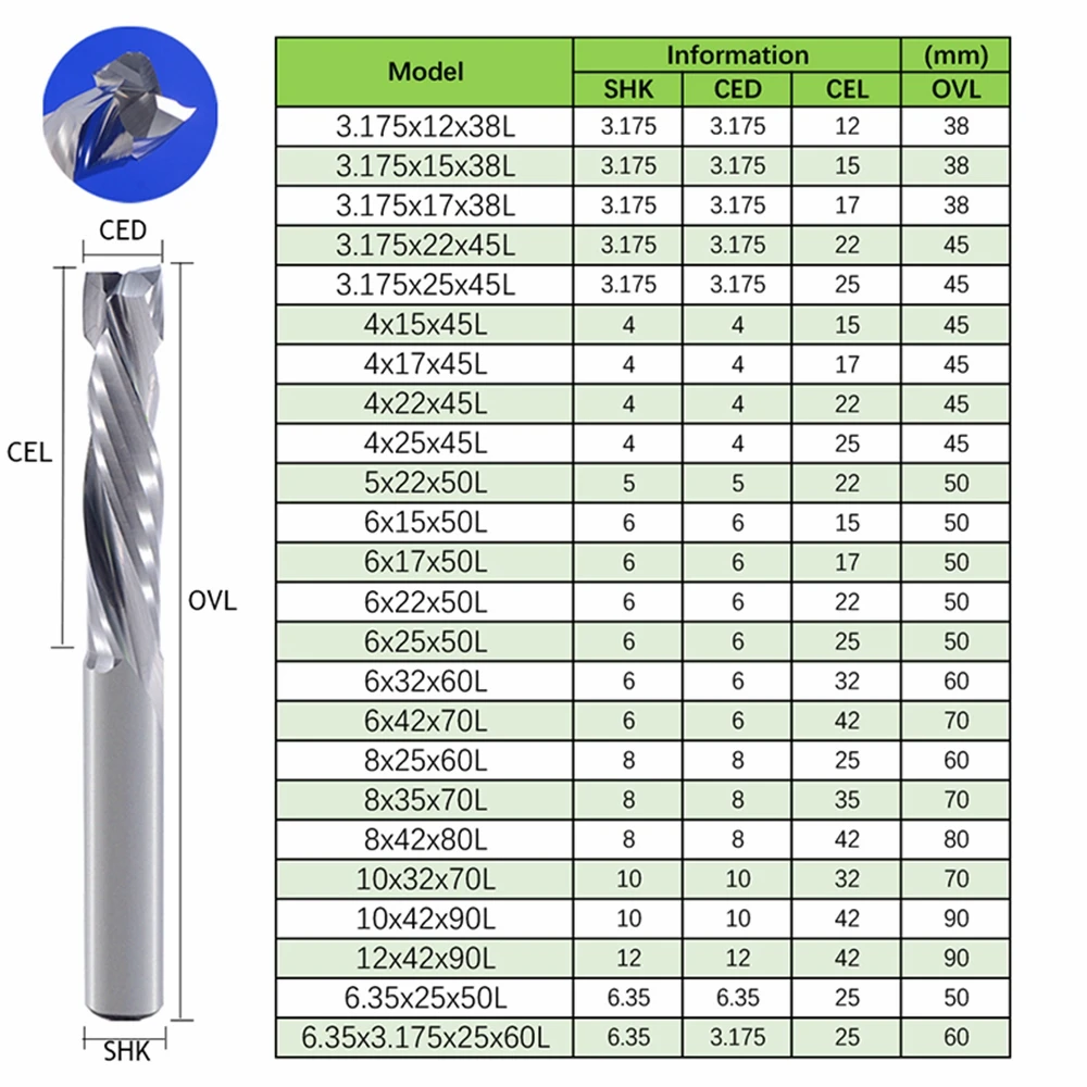 10Pcs 3.175 4 6mm UP DOWN Cut Two Flutes Spiral  Mill Tool Cutters for CNC Router, Compression Wood End Mill Cutter Bits