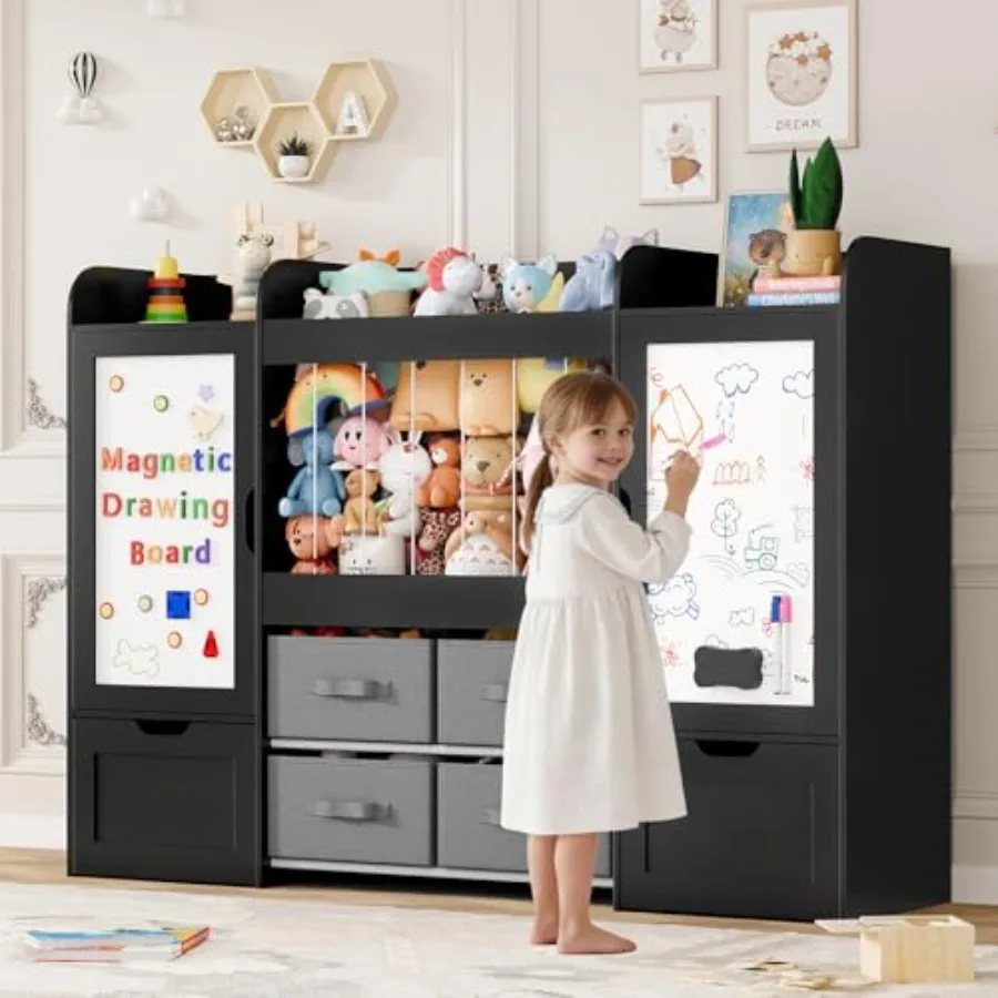 ' toy organizer for bedroom use, solid wood construction, natural wood color, spacious 61W design with integrated bookshelf and