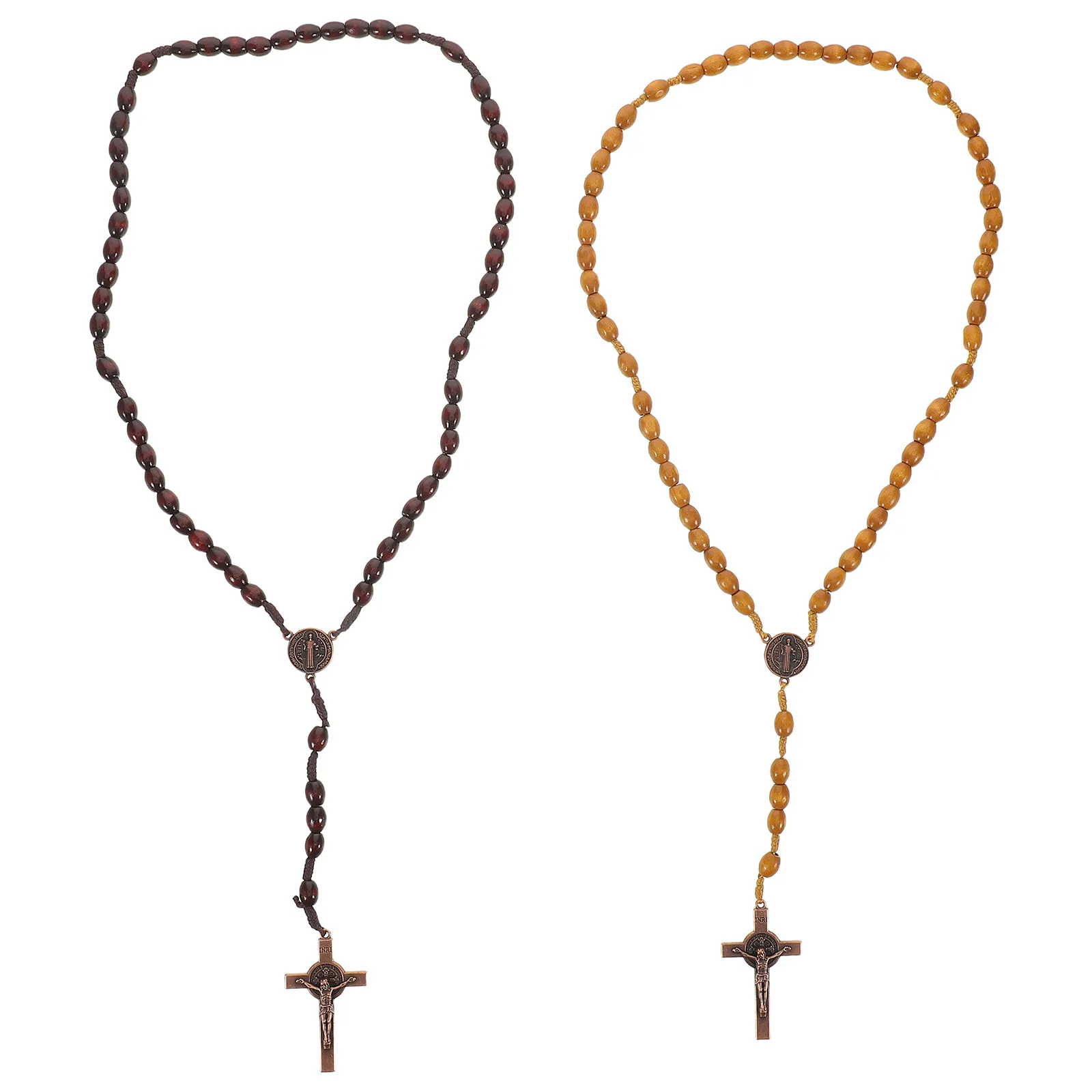 2Pcs Wooden Wooden Cross Pendant Necklace Prayer Bead Necklace Handmade Rosary Rustic Beads Catholic Beaded Jewelry