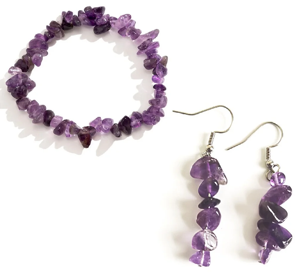 Natural Purple Amethyst Irregular Chip Gems Beads Elastic Bracelet Earrings Set