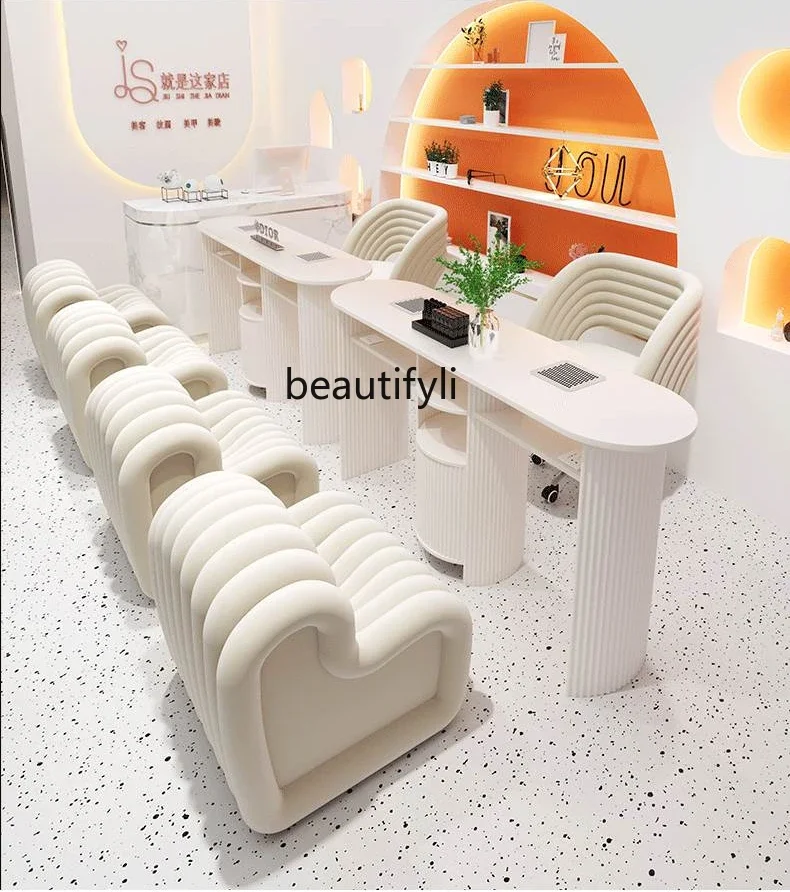 Juego de mesa y silla para manicura estilo crema, combinación de aspiradora integrada de alta potencia, sin fugas, mesa y silla para manicura gris