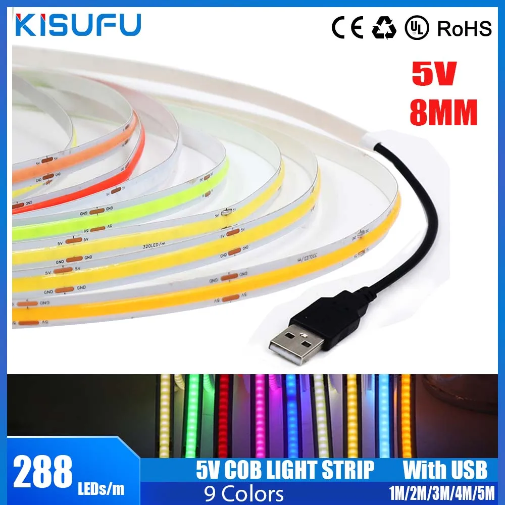 5M Dc 5V Led Cob Strip Licht 320Leds/M Hoge Dichtheid Breedte 8Mm Met Usb Flexibele Tape Lampjes Voor Slaapkamer Home Decor Lamp Verlichting