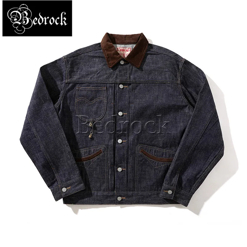 

MBBCAR 14.9oz Heavy Vintage Raw Denim Jacket Men Deep Blue Selvedge Denim Splicing Corduroy Official Onewash Jean Jacket 3145