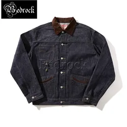 MBBCAR 14.9oz Heavy Vintage Raw Denim Jacket Men Deep Blue Selvedge Denim Splicing Corduroy Official Onewash Jean Jacket 3145