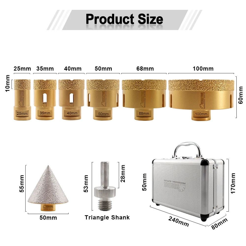 8pcs Diamond Drilling Milling Crown Set with Box M14 25/35/40/50/68/100mm Drill Core Bits+50mm Diamond Chamfer+Triangle Adapter