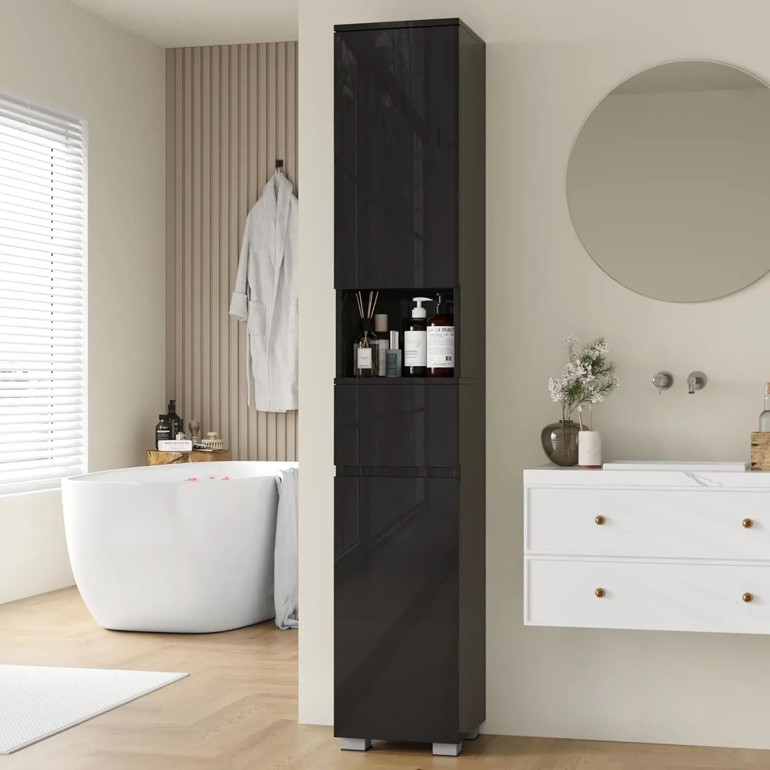 High Glossy Slim Tall Storage Cabinet Drawer Adjustable Shelves Bathroom Laundry Living Room 66.9in Black, Customized