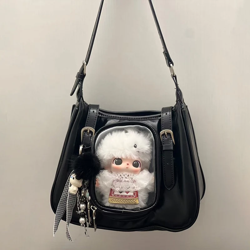 

Japanese Cute Ita Bag With Transparent Partition Black Silver Simple Shoulder Bag Small Square Bag Idol Card Dolls Display Bags