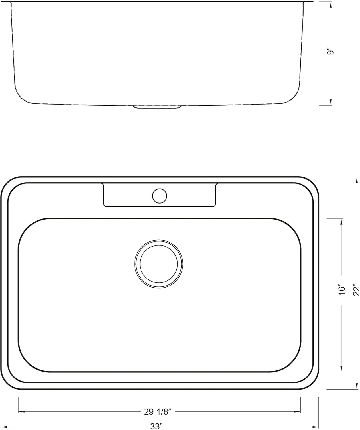 33 x 22 x 9 Inch Top mount Drop in Stainless Steel Single Bowl Kitchen Sink with Strainer 18 Gauge Stainless Steel 1 Faucet Hole