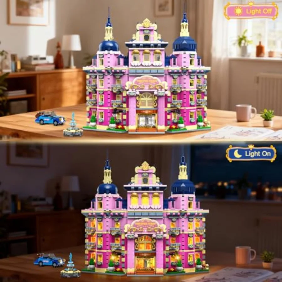Pink Estate House Building Set with Lights, 3 Style Pinkspire Construction Model with Car Fountain, 1815 PCS Friends Villa Castl
