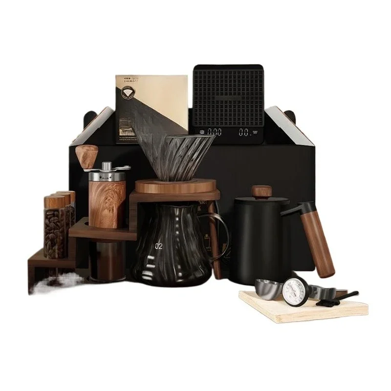 hand-brewed coffee set, full set of hand-ground coffee machine, high value of wooden frame, gift box of utensils