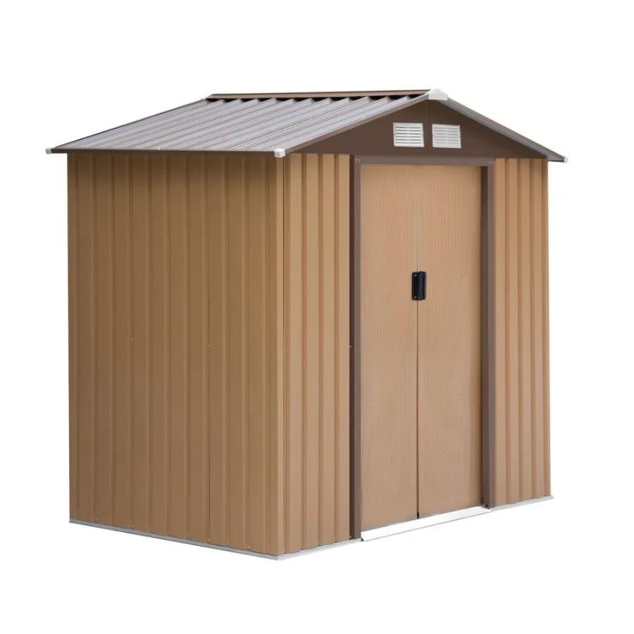 

7' x 4' Outdoor Storage Shed Garden Tool House w Foundation Kit Vents Sliding Doors for Backyard Patio Brown