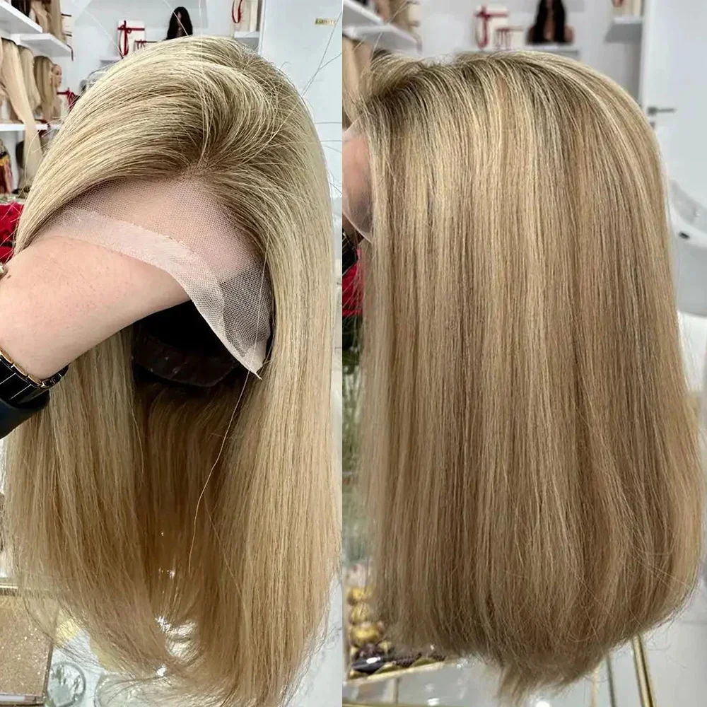 Balayage Blonde Kurze Bob-Perücke 13x4 Lace Front Perücke Highlights Glattes Synthetisches Haar für Frauen Dunkle Ansätze Klebefreie Cosplay-Perücke