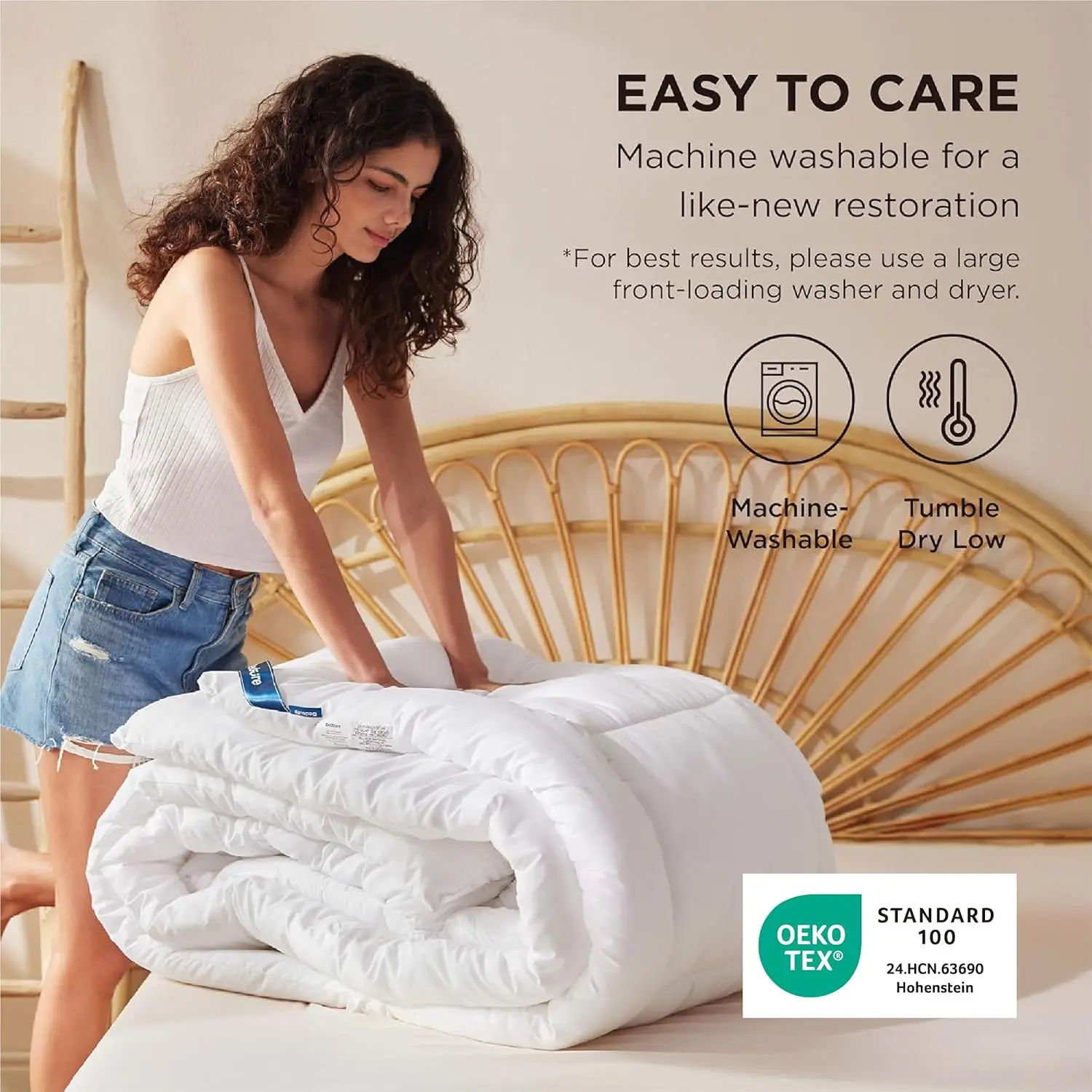 لحاف بديل مقاس كينج لجميع المواسم مع 8 علامات تبويب، أبيض، 90 × 102 بوصة