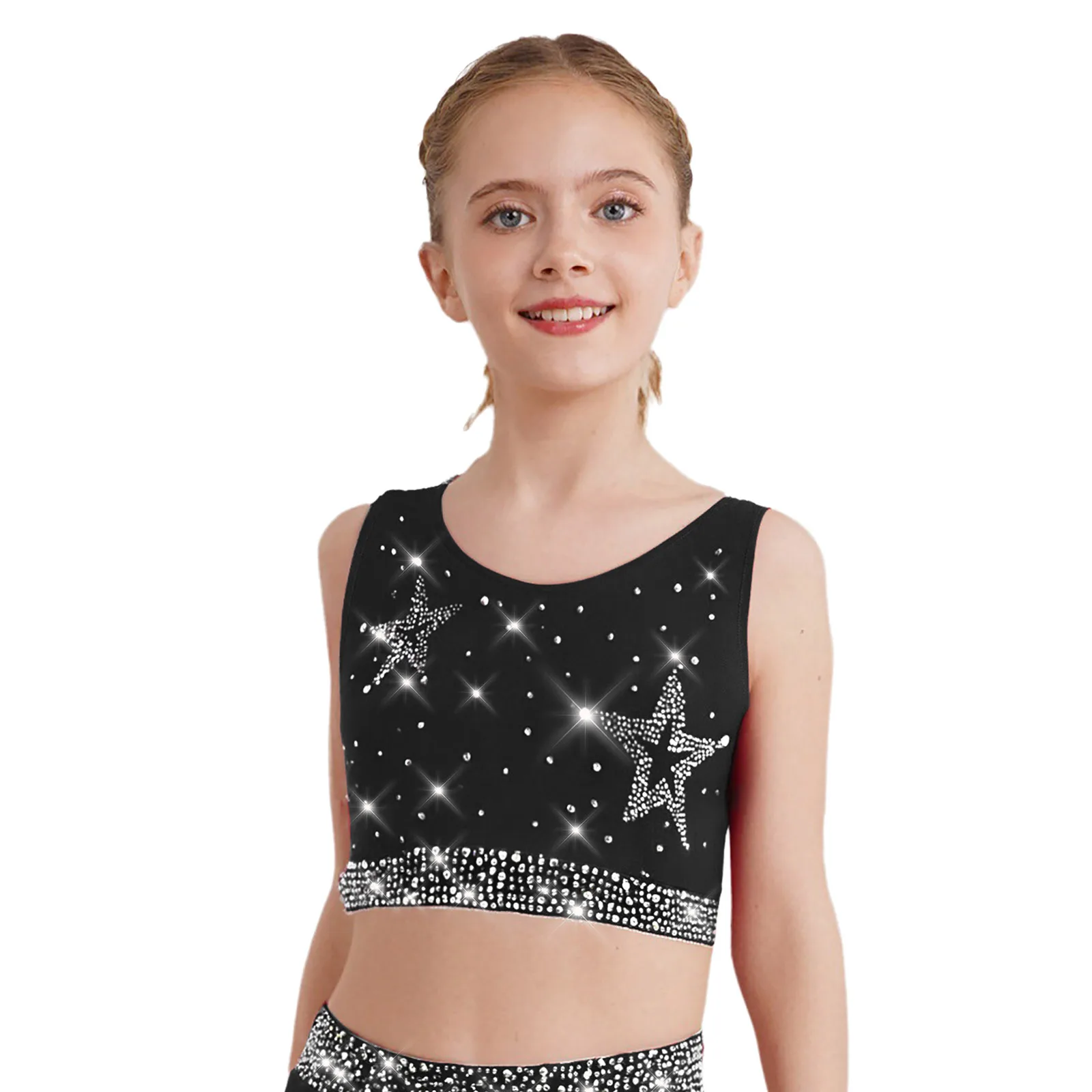 Girls Gymnastics Latin Ballet Dance Outfit U Neck Crisscross Back Cropped Vest and Shorts Gym Yoga Workout Performance Dancewear